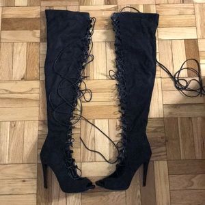 Daisy Street Thigh High Lace up Open Toe Boots